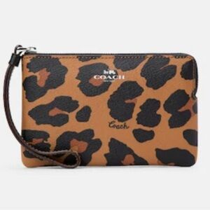 COACH CC871 Corner Zip Wristlet Wallet In Leopard Print Silver/Light Saddle NEW!